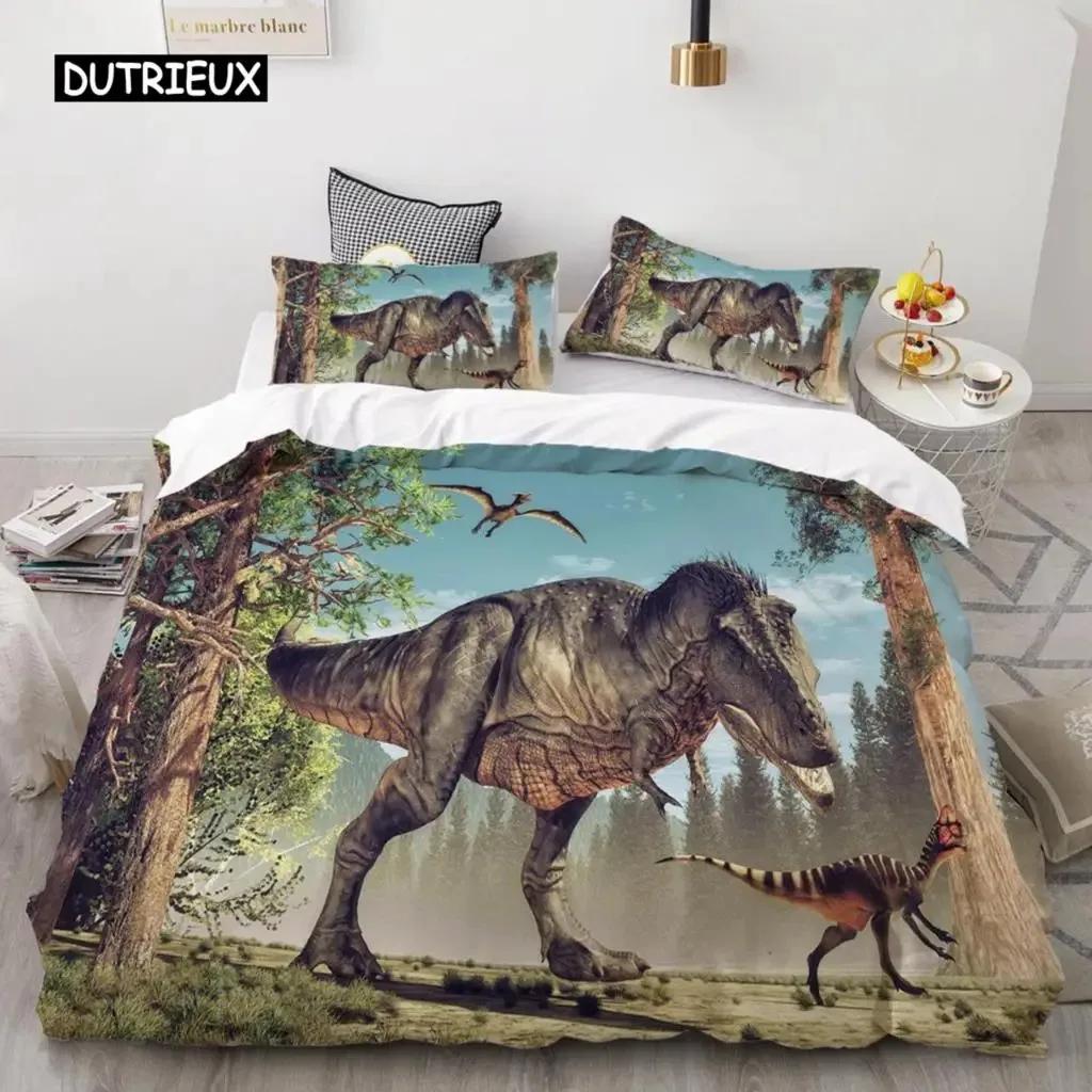 Dinosaur Soft Duvet Cover Set Twin Sized Dimensions Polyester Comfortable Quilt Cover Jurasic World Park Dinosaur Prints Twin Beding Set for Children