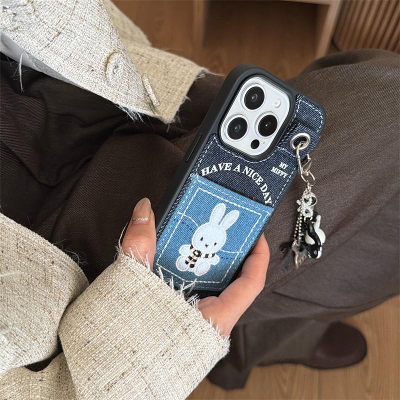 Denim Pocket Card Holder Case With Embroidered Rabbit IPhone 14 Pro Max 15 16 Soft TPU Shockproof Cover