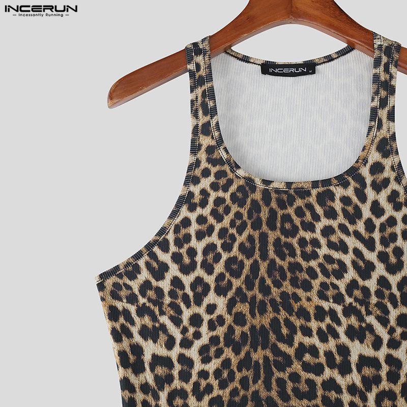 INCERUN Summer Men's Sleeveless Strap Leopard Fitted Tank Tops