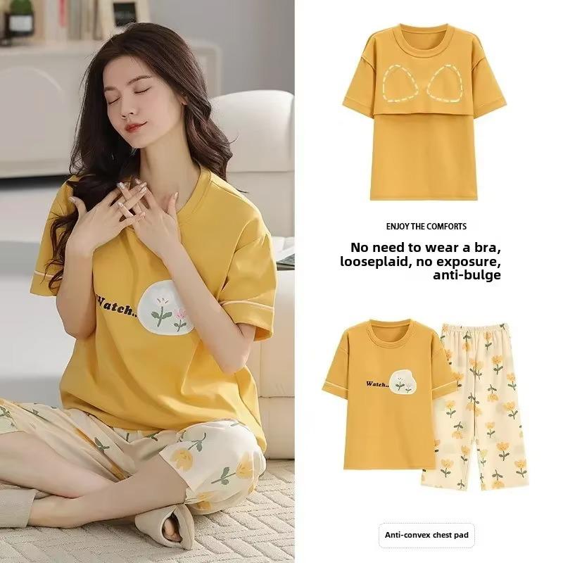 Baumwollpyjama mit Brustpolstern Damen Kurzarm Hose Übergröße Student Loungewear 2-teiliges Set Damen Nachtwäsche Hauskleidung