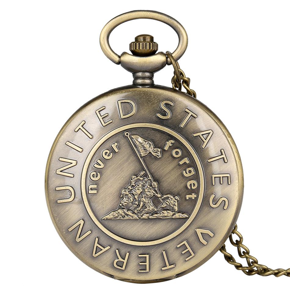 Vintage Bronze ‘’never Forget Veteran ‘’ Pattern Design Quartz Pocket Watch with Necklace Chain Commemorate Gift for Men Women
