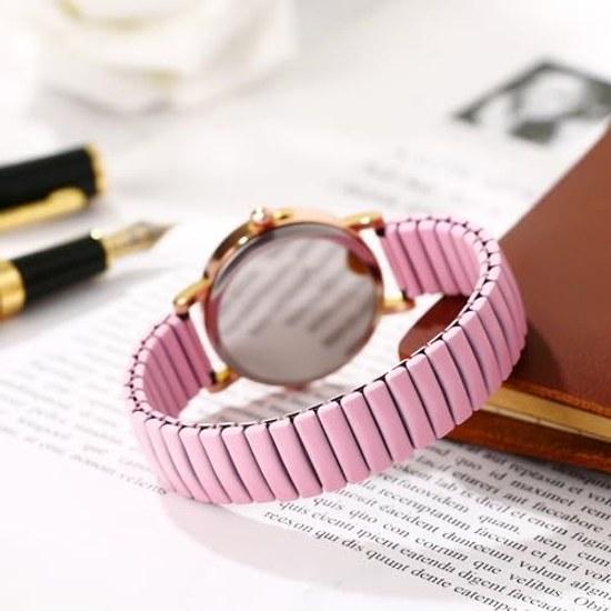 Wristwatch women accordion belt multiple color options stretch band stainless steel Arabic numerals large numbers easy-to-read dial quartz type size