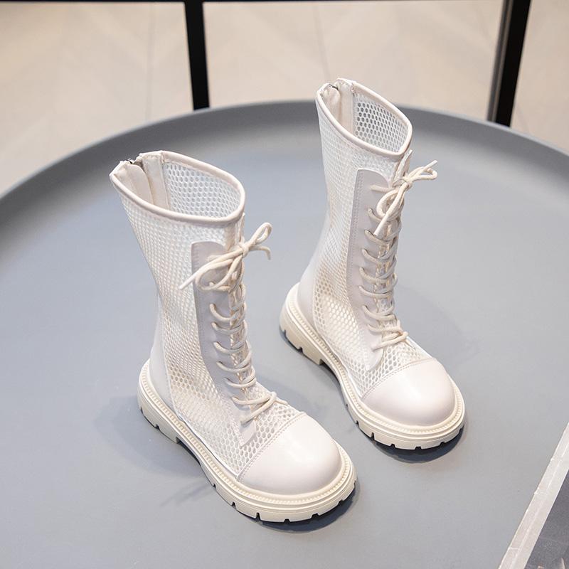 

Детская летняя обувь для девочек, модные сандалии, высокие сетчатые ботинки, дышащие сетчатые шнурки, украшение с вырезом на молнии, стиль Ins 27 белый