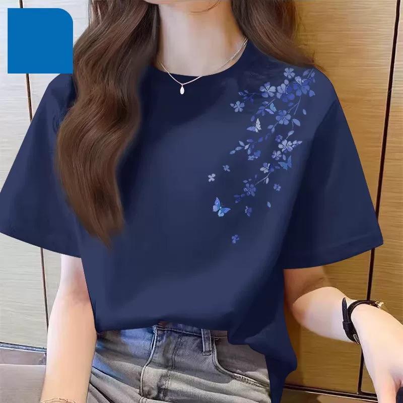 Women's Round Neck Short Sleeve Tee Loose Fit Japanese Korean Casual Top Blue Floral Butterfly Print Cotton Spring Summer Basic T Shirt