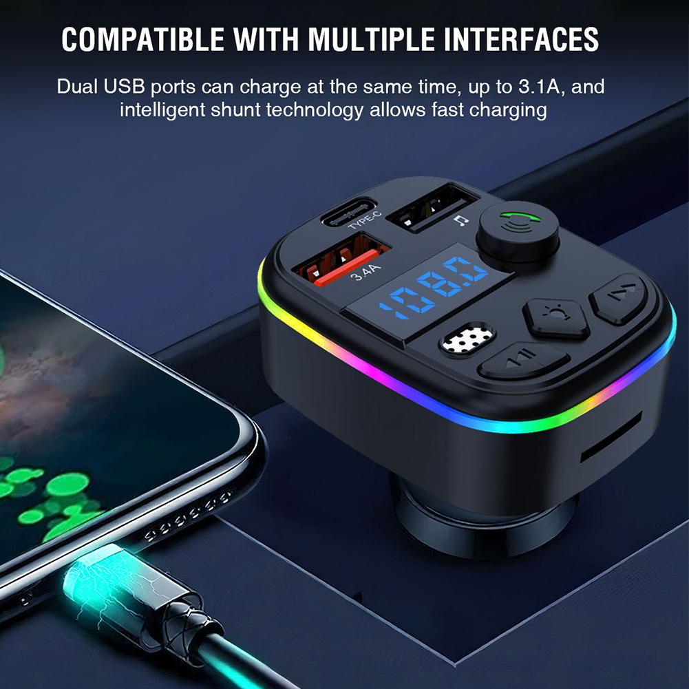 Bluetooth 5.3 FM Transmitter Dual USB Type-C Car Charger Hands-Free Calling TF Card U Disk MP3 Player 12V-24V Car Adapter