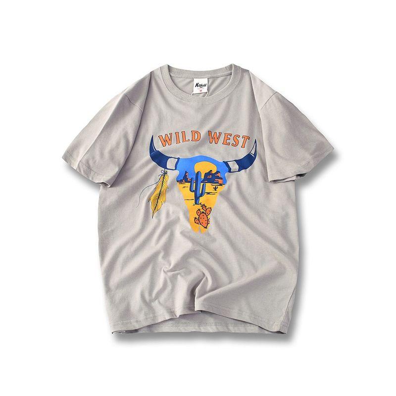 American Retro Print Pure Cotton Short-Sleeved T-shirt Men s 2024 New Arrival Trendy Base Shirt Export White Cotton T-shirt Grey M