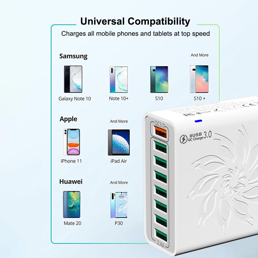 QC3.0 8-Port USB Fast Charger: 30W High Power, Colorful Flower Design, Compatible with US, European, and Korean Standards