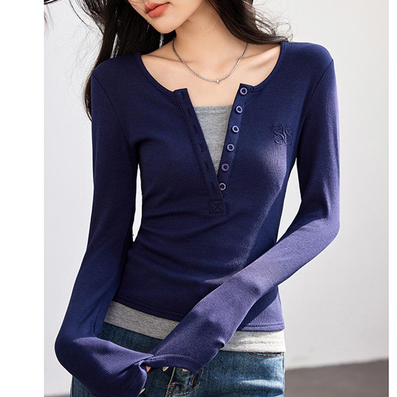Jarní Nové Americké Retro Falešné Dvoudílné Tričko s Dlouhým Rukávem pro Žhavou Ženu Slim-fit Základní Top