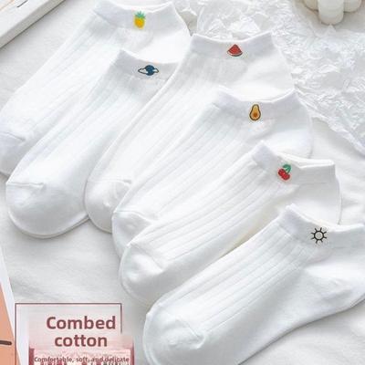 6 Pairs of Combed Cotton Fruit-embroidered Boat Socks for Women, Summer Deodorizing, Sweat-absorbing, Low-top, Invisible Short Socks