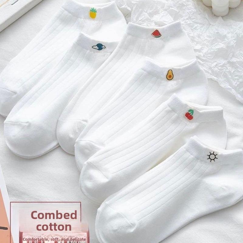 6 Pairs of Combed Cotton Fruit-embroidered Boat Socks for Women, Summer Deodorizing, Sweat-absorbing, Low-top, Invisible Short Socks