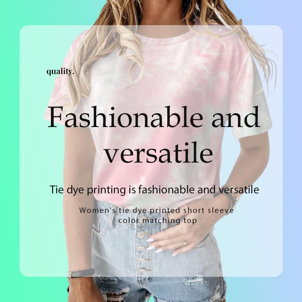 Women Tie-dye Printed Round Neck Short Sleeve Shirt