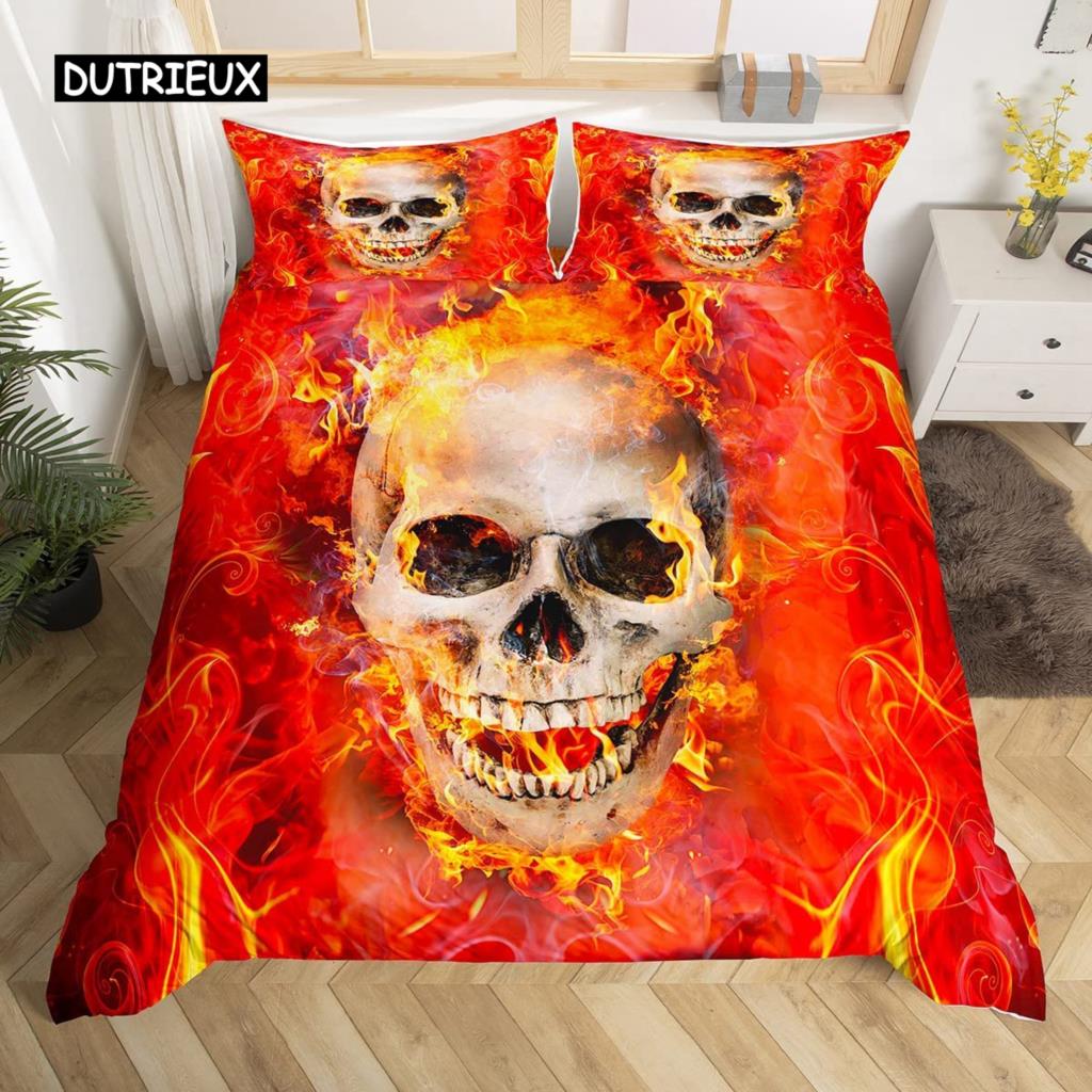 Skull Bedding Duvet Cover Set, White and Black Boho Gothic Skull Skeleton Bones Theme Bed Comforter Cover for Adults Decor