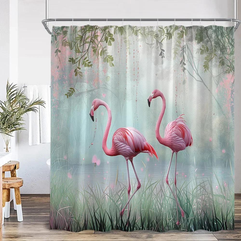 Spring Summer Flamingo Shower Curtain Pink Bird Tropical Leaves Rainforest Jungle Bathroom Decorative Shower Curtain