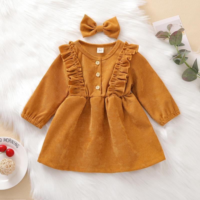 Baby Girl Dress, High-Waist Midi, Long Sleeve Round Collar Ruffle Buttons Princess Pleated Fall Skirt Headband