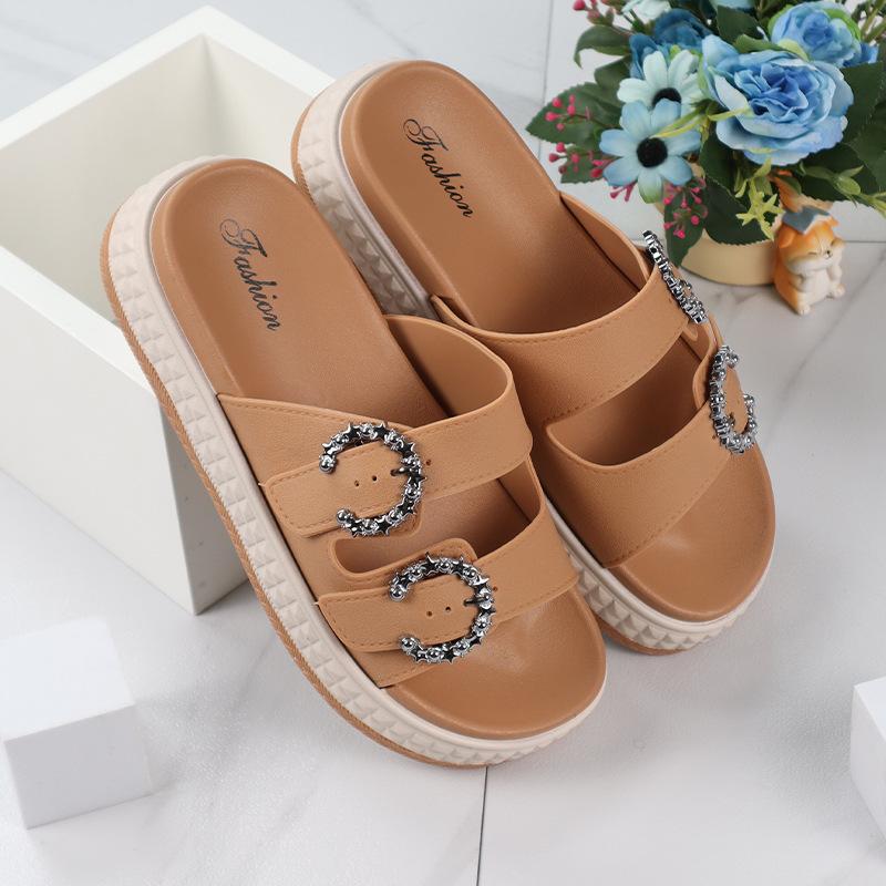 Women's Slippers Summer New Thick Bottom Round Head Hollow Rhinestone Sandals Casual Comfort Increase Wear Slippers