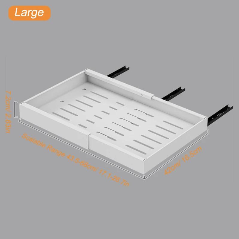Pull-out cabinet organizer, 16.5 in deep expandable drawer (17-26.7 in), heavy-duty slide out with adhesive film, no drilling