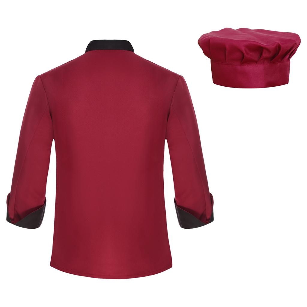 Veste de chef à manches longues unisexe couleur contrastée manteau de cuisine professionnel uniforme de cuisinier restaurant hôtel avec chapeau amovible
