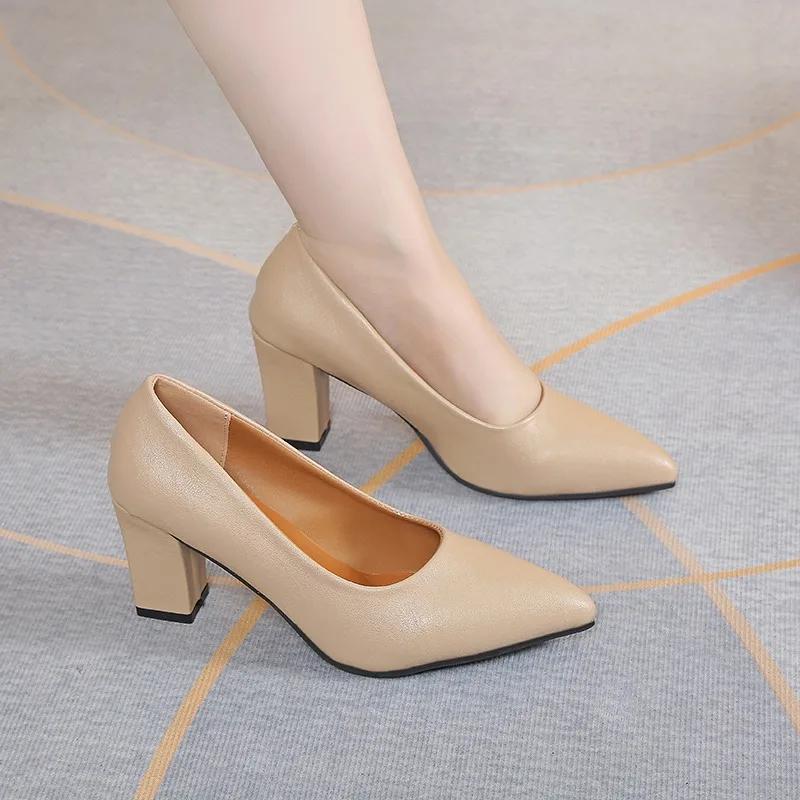 2024 Brand Shoes for Women Slip On Women's High Heels Concise Office & Career Pumps Women Pointed Toe Chunky Heels Shoes Ladies