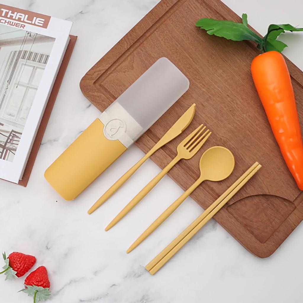 Paie de grâu Vesălă portabilă Cuțit Furculiță Linguriță Bețișoare Set de veselă cu cutie de depozitare Tacâmuri de călătorie pentru studenți pentru petrecere la grătar