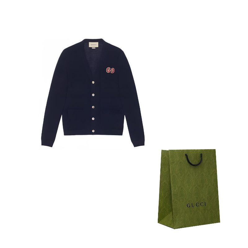 GUCCI GUCCI GG Embroidered Wool Cardigan Knitted Top Navy 576815-XKAOW-4440