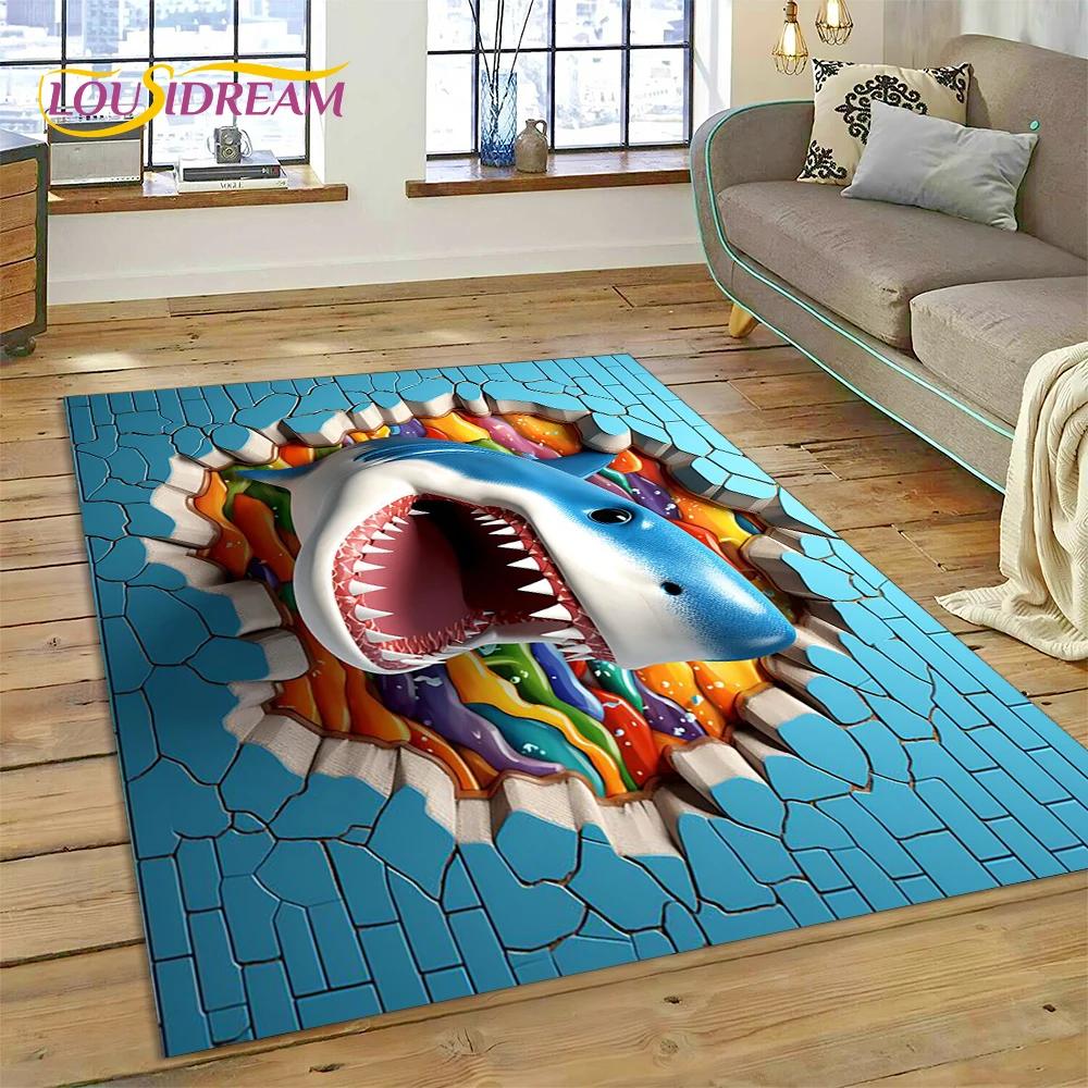Tappeto Tappeto Decorazione Tappetino per Pavimento Decorazione Cartoon Mondo Sottomarino Illusion 3D Fondo Marino Squalo Delfino per Camera da Letto Soggiorno Divano, Decorazione Bambino