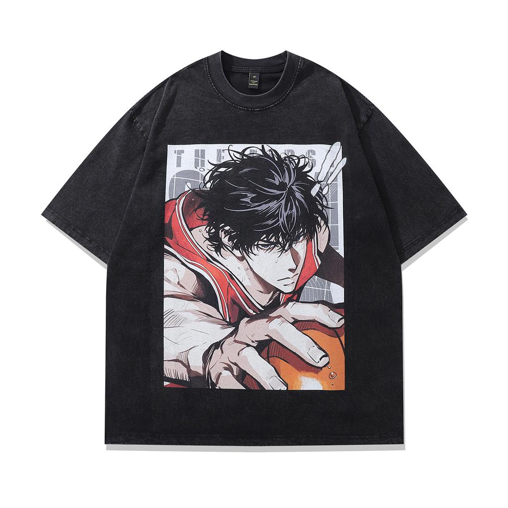 Japanese Cartoon Printed Hiphop Heavy Washed Old Short-Sleeved T-Shirt Men'S And Women'S Hip-Hop Retro Half-Sleeved Tee