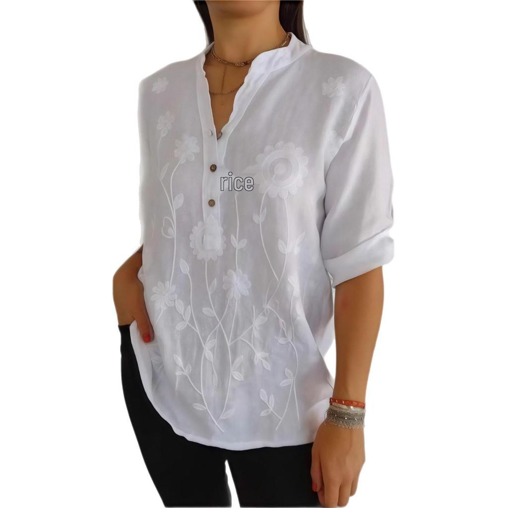 2025 Spring/Summer Lace Embroidery V-Neck Button Shirt for Women