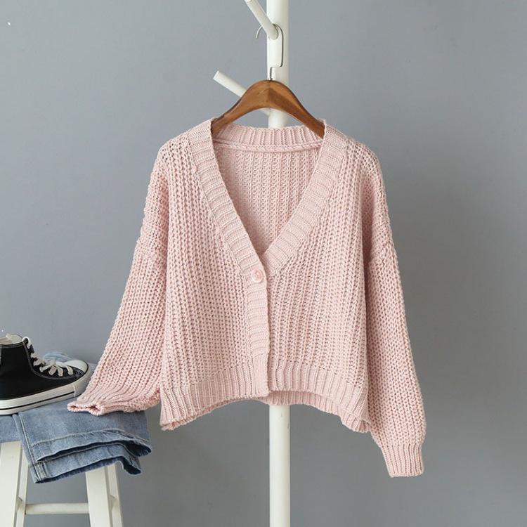 European & American Women's V-Neck Long Sleeve Solid Knit Cardigan Sweater