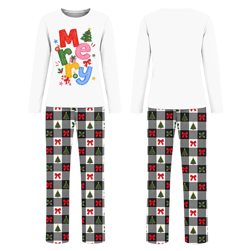 Family Matching Christmas Print Loungewear Set Neck Long Sleeve and Long Pants