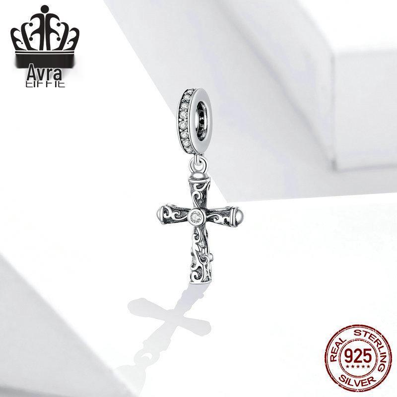 Avle S925 Sterling Silver Retro Cross Pendant Bracelet with European & American Fashion Beads