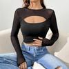 New Sexy Front Chest Hollow Mesh Spliced Long Sleeve Short T-shirt Slim Top for Women