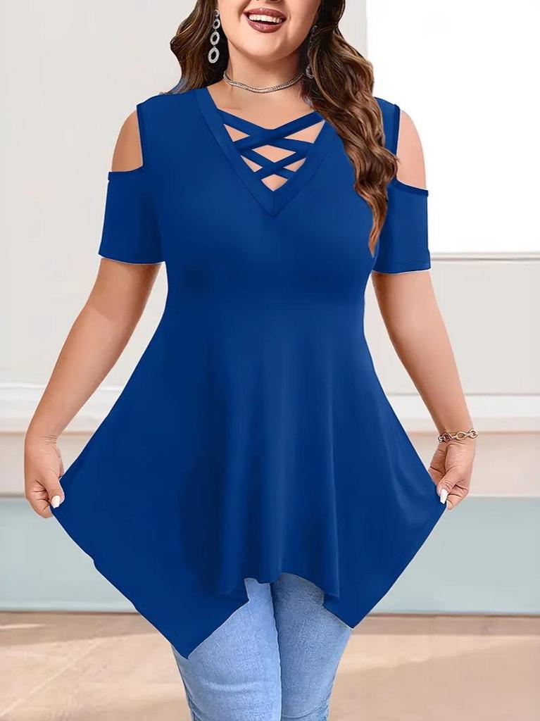 V-Neck Off-Shoulder Strap Short-Sleeve Plain Women's T-Shirt Top