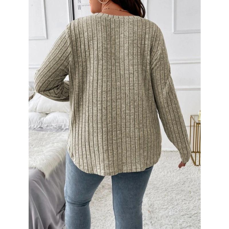 Podzimní a zimní jednobarevný top s výstřihem do V a dlouhým rukávem s žebrováním, česaný, volný pulovr plus size dámská trička
