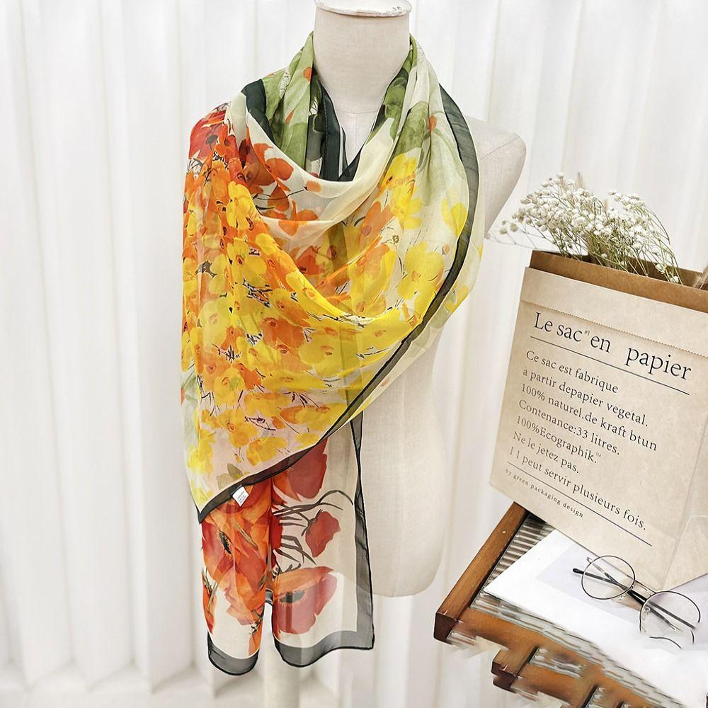 Summer Embroidered Silk Scarf Breathable Sun-Resistant Long Wraps Smooth Silk Bandana for Women