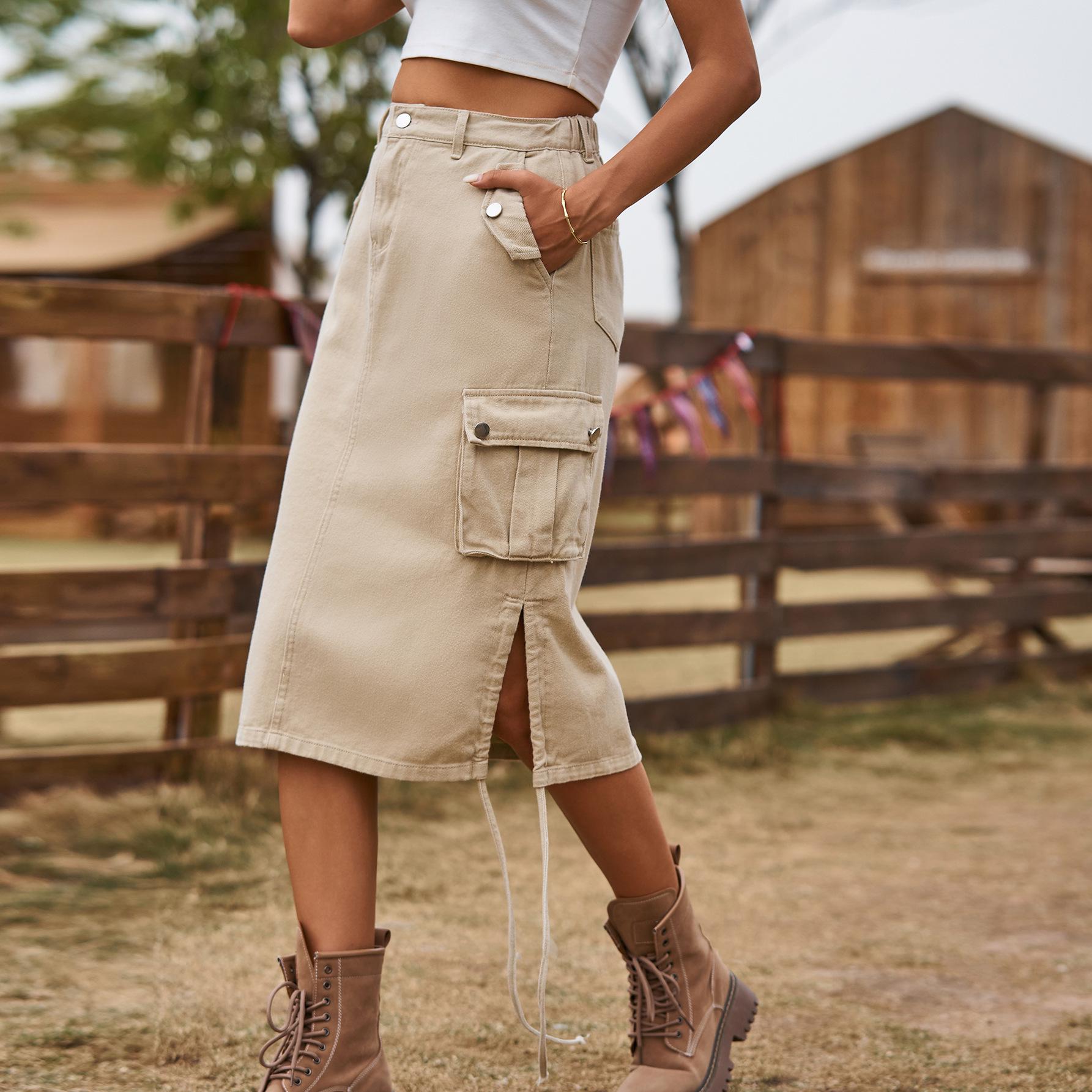 

Робоча спідниця з джинсової тканини зі шнурівкою: Модна європейська та американська спідниця середньої довжини для жінок L світлого кольору хакі