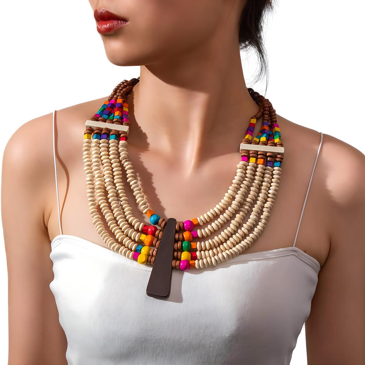 

Модное персонализированное ожерелье из бисера ручной работы из дерева, преувеличенное ретро-ожерелье, аксессуары в национальном стиле разноцветный
