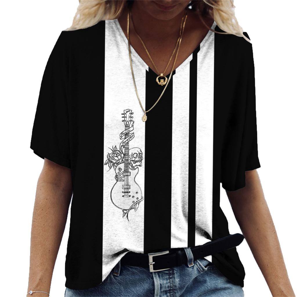 Rock Band Women's Short Sleeved T-shirt Casual Loose Party 3D Printed Short Sleeved V-neck T-shirts