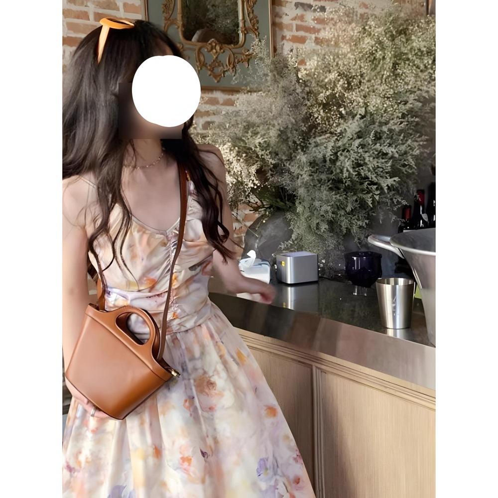 Retro Oil Painting Floral Neck Suspender Dress Women's Summer Vacation Style Temperament Backless Waist Long Dress