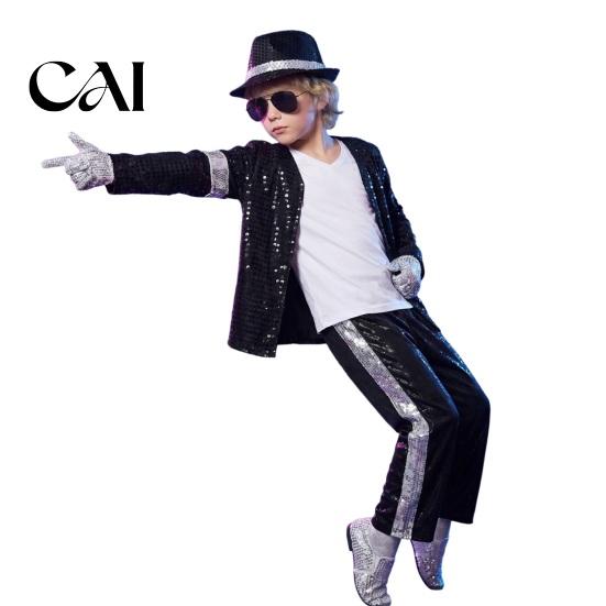 Breathable Fabric Costume Kids 80s 90s Performance Costume, Black Sequin Jacket, Top, Trousers, Hat, Dance Recital Outfit Children Glasses, Gloves, 7