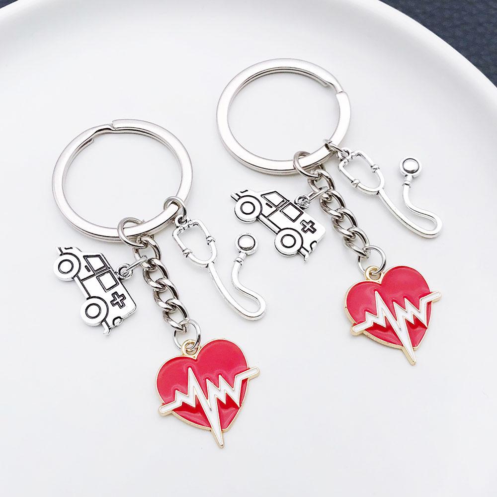 Antique Silver Medical Stethoscope Heartbeat Keychain Pendant