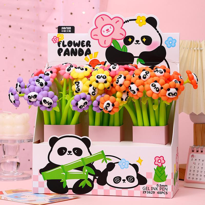 48pcs Sunflower Shape Panda Shakes Neutral Pen Comfortable Grip Stationery School Office Supplies Student Prize Gift Writing Tools Holiday Gift Novelt