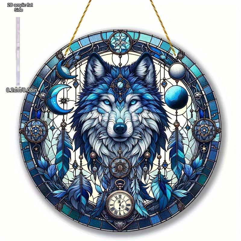 Wolf Sonne Acryl-Fänger, Acryl-Gitter im Buntglas-Stil, Traumfänger-Inspiration, Reflektierende Kunst für Haus & Garten, Kinderzimmer, Vintage-Wohnkultur