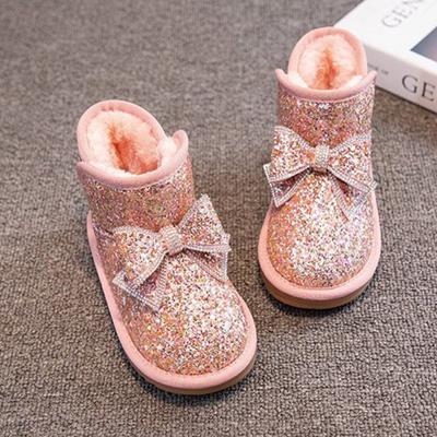 Jesienno-zimowe nowe śliczne dziewczęce krótkie buty dziecięce kokardki księżniczka cekinowe buty modne buty dziecięce