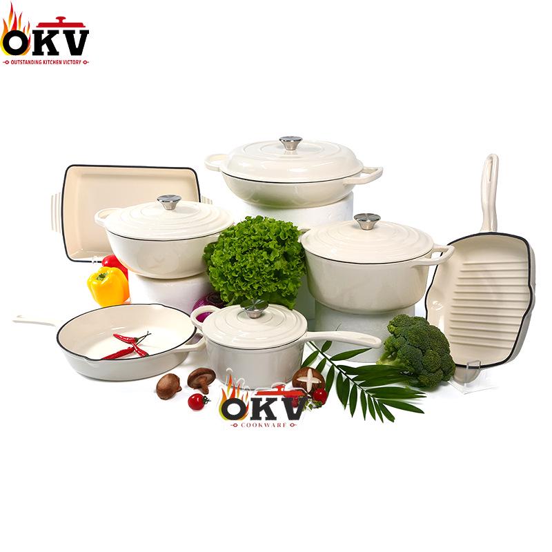 Emaljerat gjutjärn 7-delars set: Soppgryta, Mamma-gryta, Stekpanna, Non-stick-panna