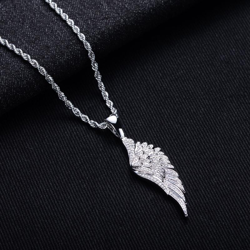 MossanRappr Sparkling Moissanite Iced Out Angel Wing Pendant Gold Plated Trendy Hip Hop Necklace Jewelry Gifts for Men Women