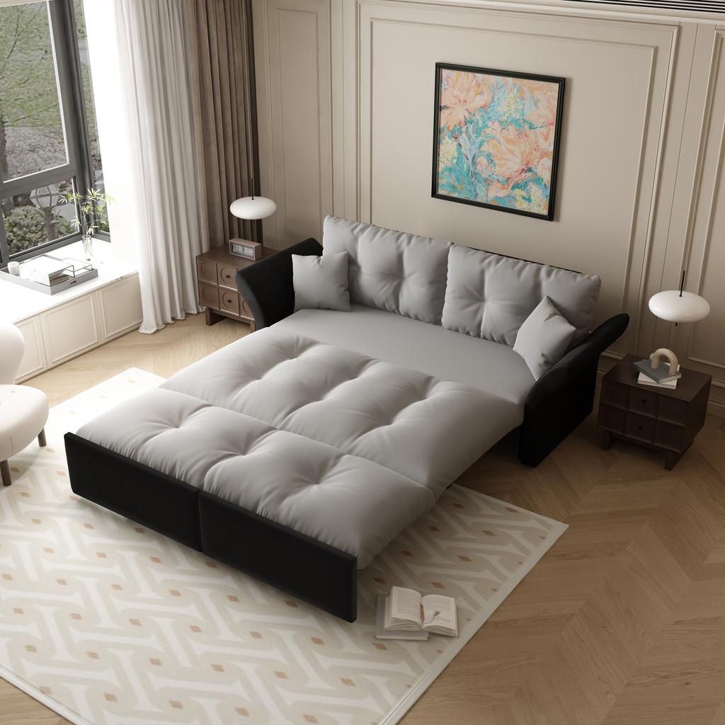 190 Cm Queen-Size Pull-Out Sofa, 3-in-1 Convertible Sofa Bed with Tufting and 2 Soft Cushions, Multifunctional Velvet Sofa Bed, Light Grey
