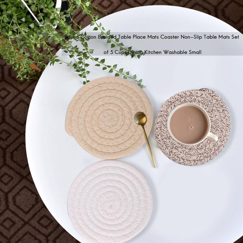 T02C!Round Cotton Braided Table Place Mats Coaster Non-Slip Table Mats Set Of 5 Cups Dining Kitchen Washable Small