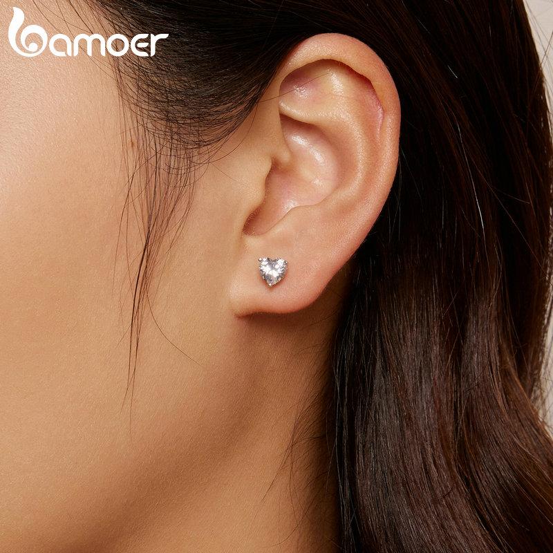 Cercei cu zirconiu cu inimă strălucitoare din argint Sterling 925 BAMOER Cercei simpli Little Love pentru femei Bijuterii fine
