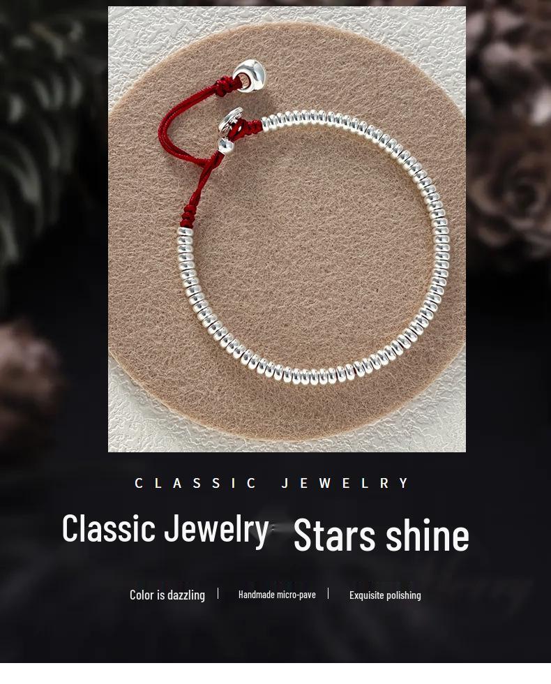 S925 Sterling Silver and Red Rope Bracelet with Round Beads - Gift for Good Luck and Peace