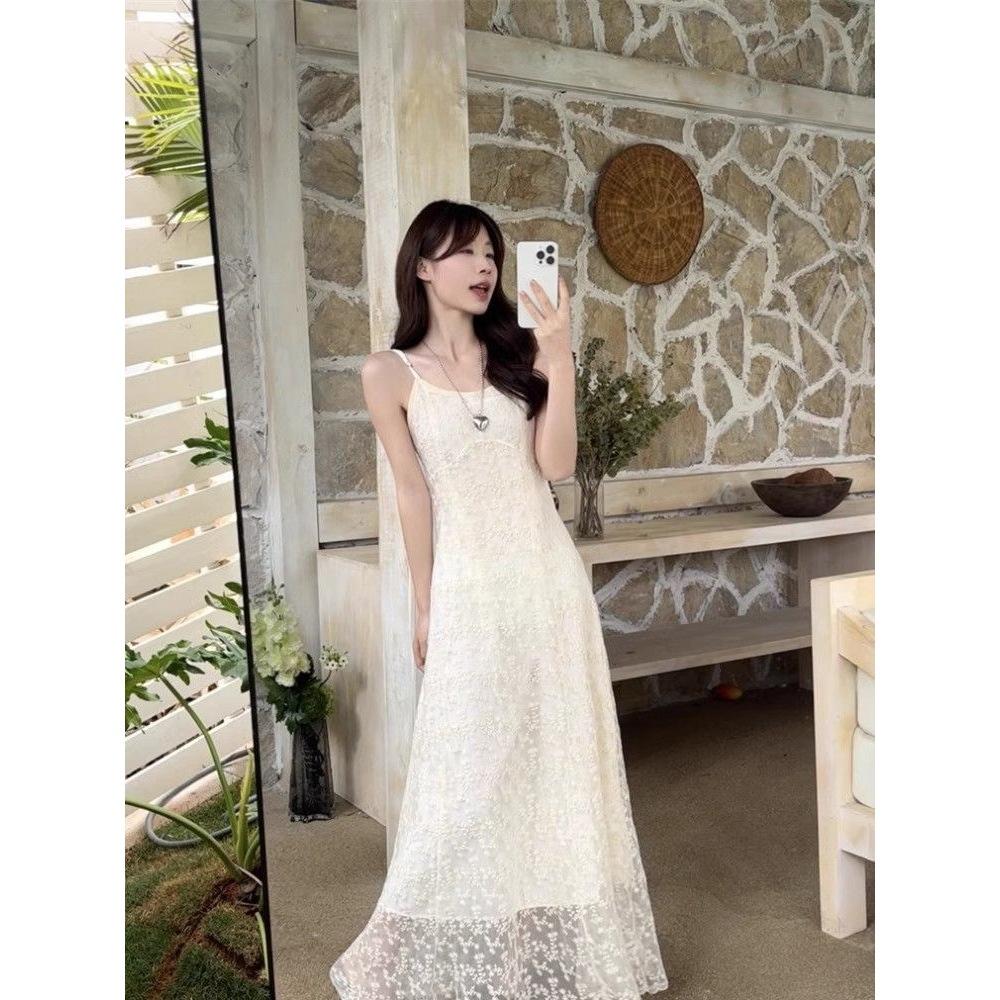 Spot French embroidered lace suspender dress women's summer high-end temperament first love seaside vacation beach dress